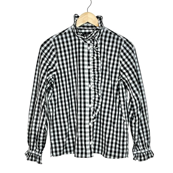 J Crew Gingham Ruffled Button Up Shirt Black White Womens 4 Preppy High Neck - Picture 1 of 8